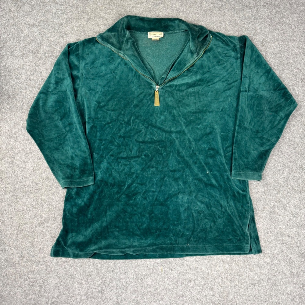 Essential Elements Mens Velour Quarter‎ Zip Pullover Forest Green Size M Vintage